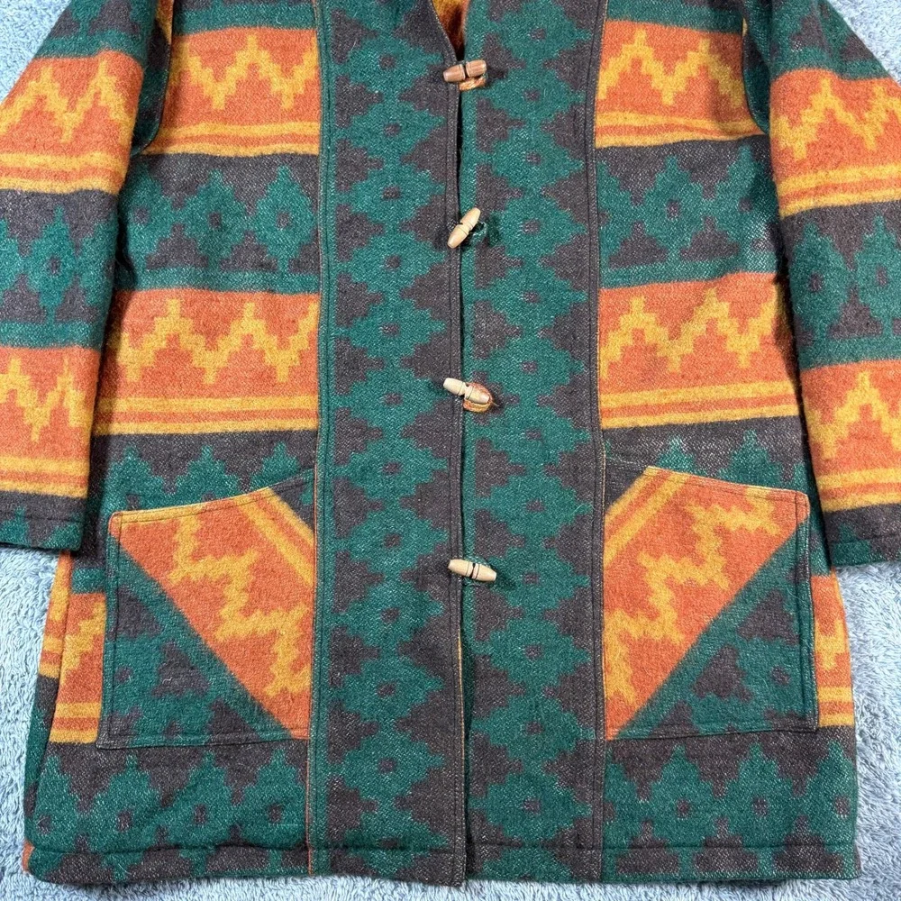 VTG 80s Toggle Coat Men Medium Aztec Southwestern Wool Blend Angel Fashions